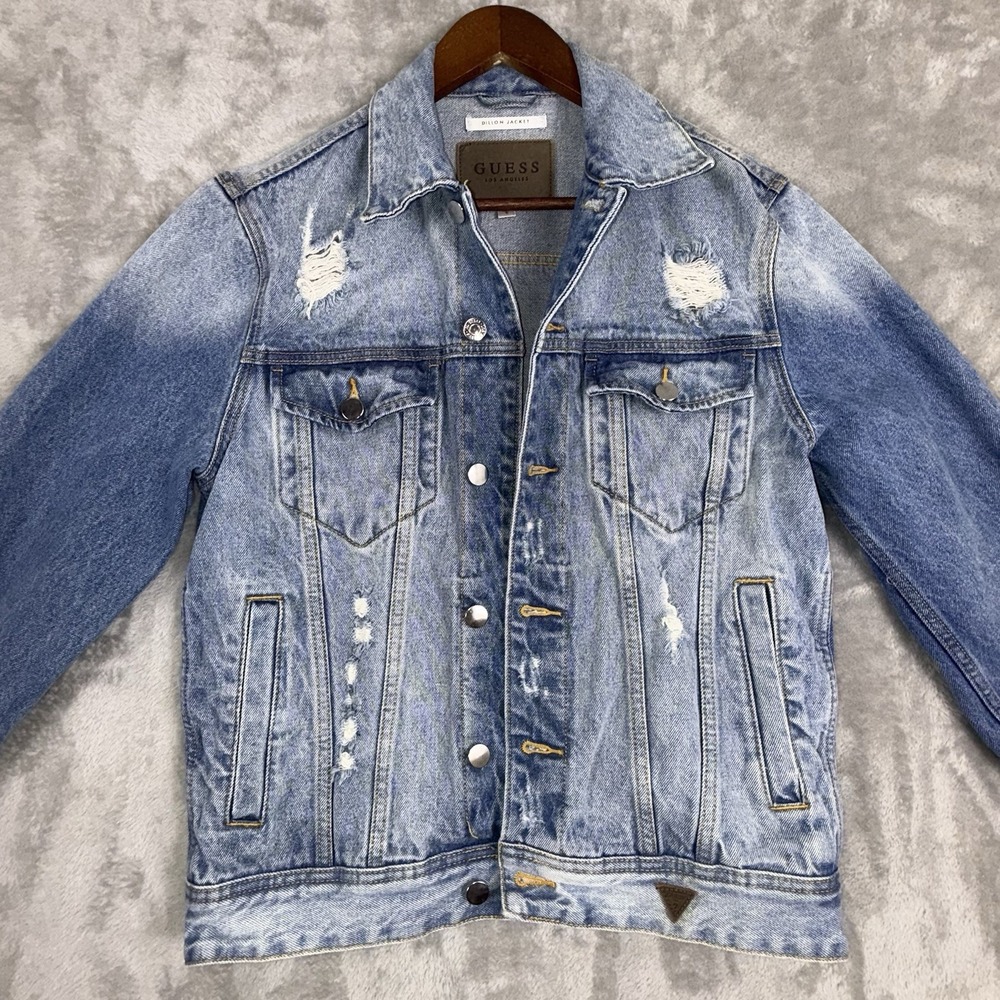 Guess Dillon Jean Denim Jacket Coat Mens S Trucker Faded Distressed Distructed